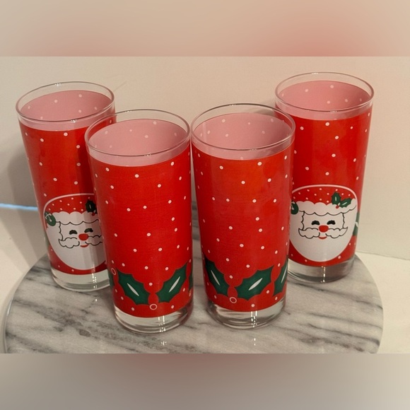 Vintage Libbey Crystal Santa Claus Holly Polka Dot Drinking Glasses Set 4 In Box - Picture 7 of 10